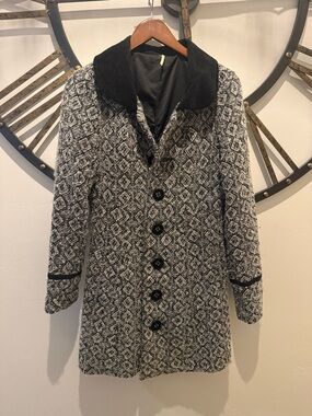 Free People Black and White Patterned Pea Coat with Velvet Collar